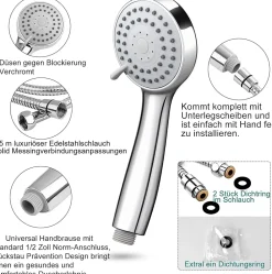 Pommeau de douche économie d'eau à 3 types de jet haute pression avec tuyau de 1,5 m et ruban téflon
