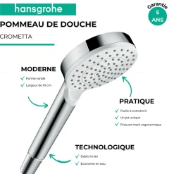 Pommeau de douche HANSGROHE Crometta EcoSmart blanc/chromé + flexible de douche 2 m HANSGROHE Metaflex chromé