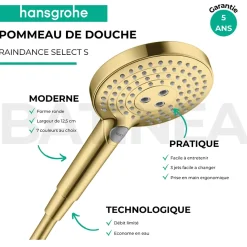 Pommeau de douche HANSGROHE Raindance Select S EcoSmart 120 3 jets + flexible 1,60 m HANSGROHE Isiflex aspect doré poli