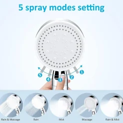 Pommeau de douche Haute Pression à économie D'eau 5 types de jet pour bain et spa Pommeau Douche Anti Calcaire(Argenté)