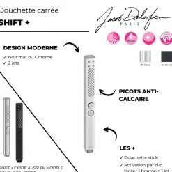 Pommeau de douche JACOB DELAFON Shift+ carré 2 jets noir mat + flexible