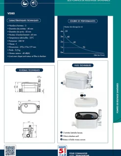 Pompe de relevage 2 entrées pour douche traditionnel ou extra plat WATERMATIC VD80 évacuation de 1 douche+1 lavabo