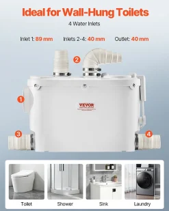 Pompe macératrice 500W, 6600 L h, ht. manométrique 8 m, 3 entrées eau, eaux usées.