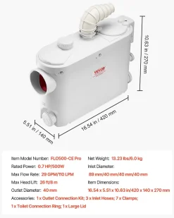 Pompe macératrice 500W, 6600 L h, ht. manométrique 8 m, 3 entrées eau, eaux usées.