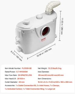 Pompe macératrice 500W, sanitaire 4 entrées eau, 110 L min, ht. refoulement 8 m.