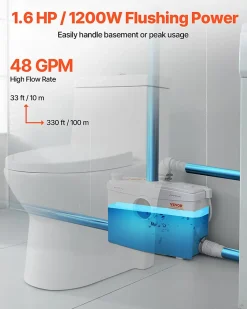 Pompe macératrice 1200W, sanitaire 4 entrées eau, 180 L min, ht. refoulement 10 m.