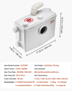 Pompe macératrice 1200W, sanitaire 4 entrées eau, 180 L min, ht. refoulement 10 m.