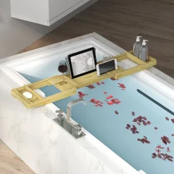 Pont plateau de baignoire extensible 75-109L cm - porte-gobelet et savon - bambou verni