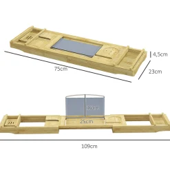 Pont plateau de baignoire extensible 75-109L cm - porte-gobelet et savon - bambou verni