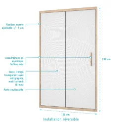 Porte de douche 120 coulissante HINATA - style Japandi courbes douces - Cadre effet Bois - Verre 6mm