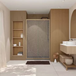 Porte de douche 120 coulissante HINATA - style Japandi courbes douces - Cadre effet Bois - Verre 6mm