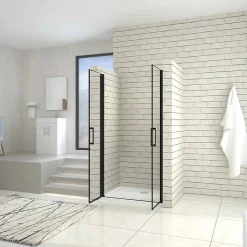 Porte de douche battante 80cm en verre trempé anticalcaire profil et poignée Noir Mat douche italienne hauteur 200cm