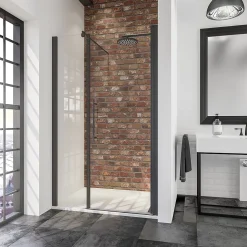 Porte de douche battante l.160 x H.192 cm, verre transparent, profilé noir mat, Schulte NewStyle