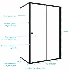 Porte de Douche Coulissante Extensible 100x185cm et Retour Fixe 80cm - Noir - BLACK SLIDE