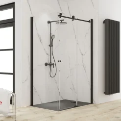 Porte de douche coulissante avec paroi latérale l.120+90 x H.200 cm, verre transparent, profilé noir mat, Schulte MasterClass