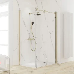 Porte de douche coulissante avec paroi latérale l.120+80 x H.200 cm, verre transparent, profilé doré mat, Schulte MasterClass