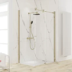 Porte de douche coulissante avec paroi latérale l.120+80 x H.200 cm, verre transparent, profilé doré mat, Schulte MasterClass