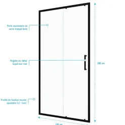 Porte de douche coulissante 100x200 cm - Verre transparent - Profilé Noir - CRUSH