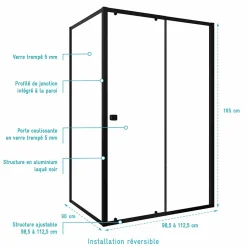 Porte de Douche Coulissante Extensible 100x185cm et Retour Fixe 90cm - Noir - BLACK SLIDE