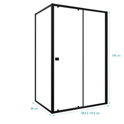 Porte de Douche Coulissante Extensible 100x185cm et Retour Fixe 90cm - Noir - BLACK SLIDE