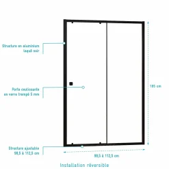 Porte de douche Coulissante Noir 100x185cm - Extensible de 98.5 à 112.5cm - BLACK SLIDE 100