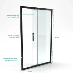 Porte de douche coulissante 120x200 cm - Verre transparent - Profilé Noir - CRUSH