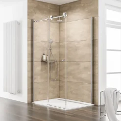 Porte de douche coulissante avec paroi latérale l.120+90 x H.200 cm, verre transparent anticalcaire, profilé chromé, Schulte MasterClass
