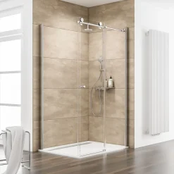 Porte de douche coulissante avec paroi latérale l.120+90 x H.200 cm, verre transparent anticalcaire, profilé chromé, Schulte MasterClass