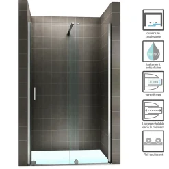 Porte de douche coulissante NAPOLI H.200 - largeur 130 cm verre transparent 8 mm - Saniverre