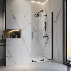 Porte de douche coulissante avec roulettes l.120 x H.200 cm, verre transparent anticalcaire, profilé noir mat, Schulte NewStyle