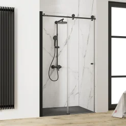 Porte de douche coulissante l.120 x H.200 cm, verre transparent, profilé noir mat, Schulte MasterClass