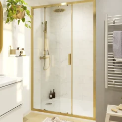 Porte de douche coulissante l.120 x H.195 cm, verre transparent, profilés alu finition doré brossé, GoodHome Ledava