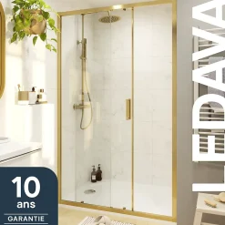 Porte de douche coulissante l.120 x H.195 cm, verre transparent, profilés alu finition doré brossé, GoodHome Ledava