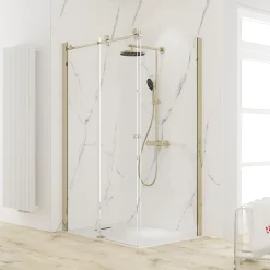 Porte de douche coulissante avec paroi latérale l.100+80 x H.200 cm, verre transparent, profilé doré mat, Schulte MasterClass