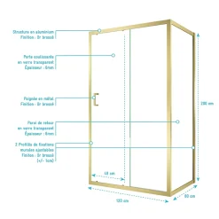 Porte de douche coulissante et paroi fixe l.120 + 80 x H.200 cm profilés doré brossé, Galedo Factory