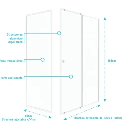 Porte de douche coulissante et paroi l.140 + 80 x H.185 cm profilés blancs, Galedo Spot