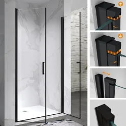 Porte de douche KAYA-BLACK H. 195, l. 95-98 cm, verre transparent 6 mm anticalcaire - Saniverre
