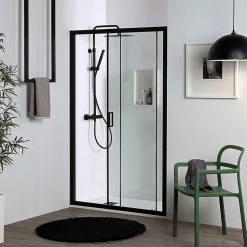 Porte de douche niche coulissante 110 cm noir mat verre trempé 6 mm transparent - city