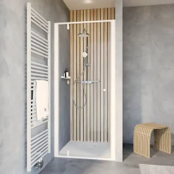 Porte de douche pivotante en niche l.90 x H.200 cm, verre transparent, profilé blanc mat, Schulte Impériale