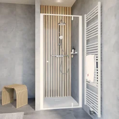 Porte de douche pivotante en niche l.90 x H.200 cm, verre transparent, profilé blanc mat, Schulte Impériale