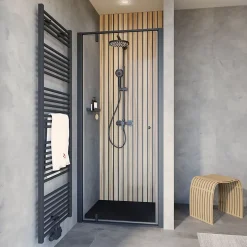 Porte de douche pivotante en niche l.90 x H.200 cm, verre transparent, profilé noir mat, Schulte Impériale