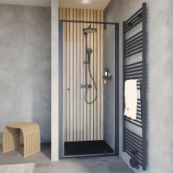 Porte de douche pivotante en niche l.90 x H.200 cm, verre transparent, profilé noir mat, Schulte Impériale