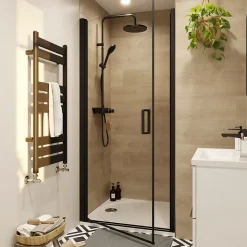 Porte de douche pivotante l.90 x H.195 cm, verre transparent, profilés alu noir, GoodHome Ledava