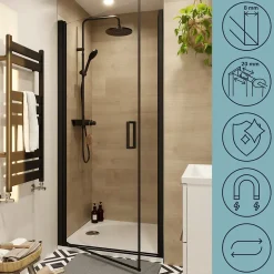 Porte de douche pivotante l.90 x H.195 cm, verre transparent, profilés alu noir, GoodHome Ledava
