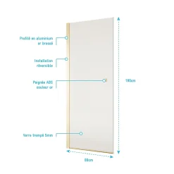 Porte de Douche Pivotante 80x180 cm en Verre Trempe 5 mm - Finition Or Brosse - GOLD ELEMENTARY