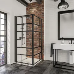 Porte de douche pivotante et paroi latérale 90 x 90 cm, Schulte NewStyle, verre transparent décor atelier, profilés noirs