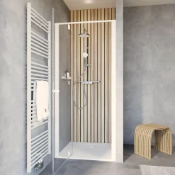 Porte de douche pivotante en niche l.100 x H.200 cm, verre transparent, profilé blanc mat, Schulte Impériale