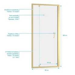 Porte de douche pivotante 90 x 200 cm, profilés alu doré brossé, Galedo Factory Gold