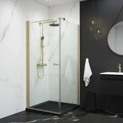Porte de douche pivotante avec paroi latérale l.90 x H.192 cm, verre transparent, profilé or, Schulte