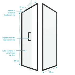 Porte de douche Pivotante et retour 80x80x200 - Profilés noir mat - CRUSH PIVOTANTE
